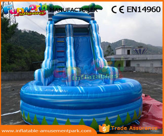 0.55mm PVC Tarpaulin Commercial Inflatable Slide Blue Palm Tree Slide With Pool