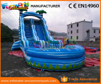 0.55mm PVC Tarpaulin Commercial Inflatable Slide Blue Palm Tree Slide With Pool