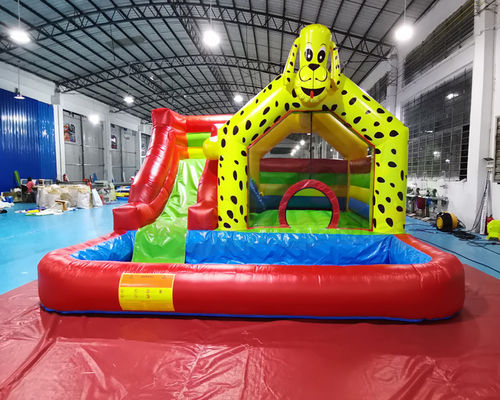 Yellow Dog Bounce House Tarpaulin Inflatable Water Slide With Pool