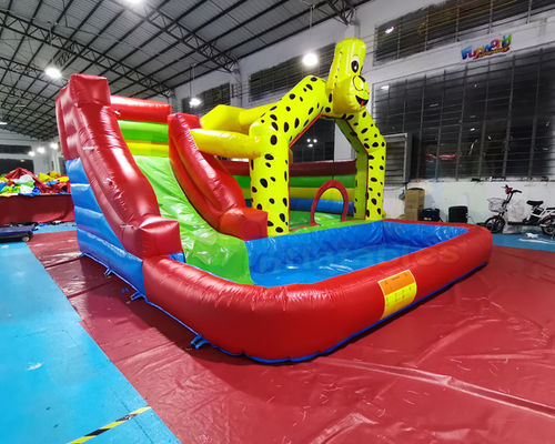 Yellow Dog Bounce House Tarpaulin Inflatable Water Slide With Pool